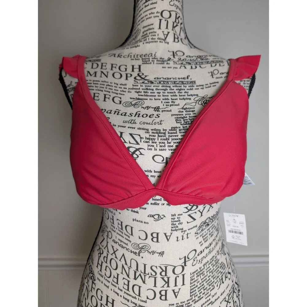 J. Crew Ruffle Scoop Neck Bikini Top Pink Sz Large Resort Pool Vacation Swim NWT